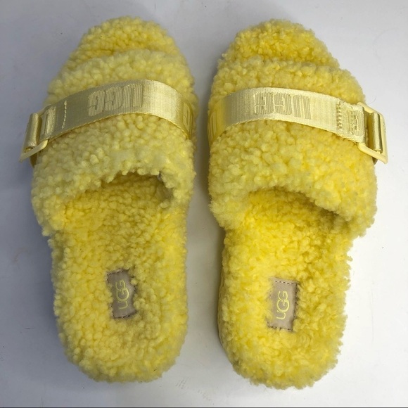 NWOB UGG Fluffita sulfur yellow fur platform slides sandals sheepskin size 6 - Picture 7 of 12